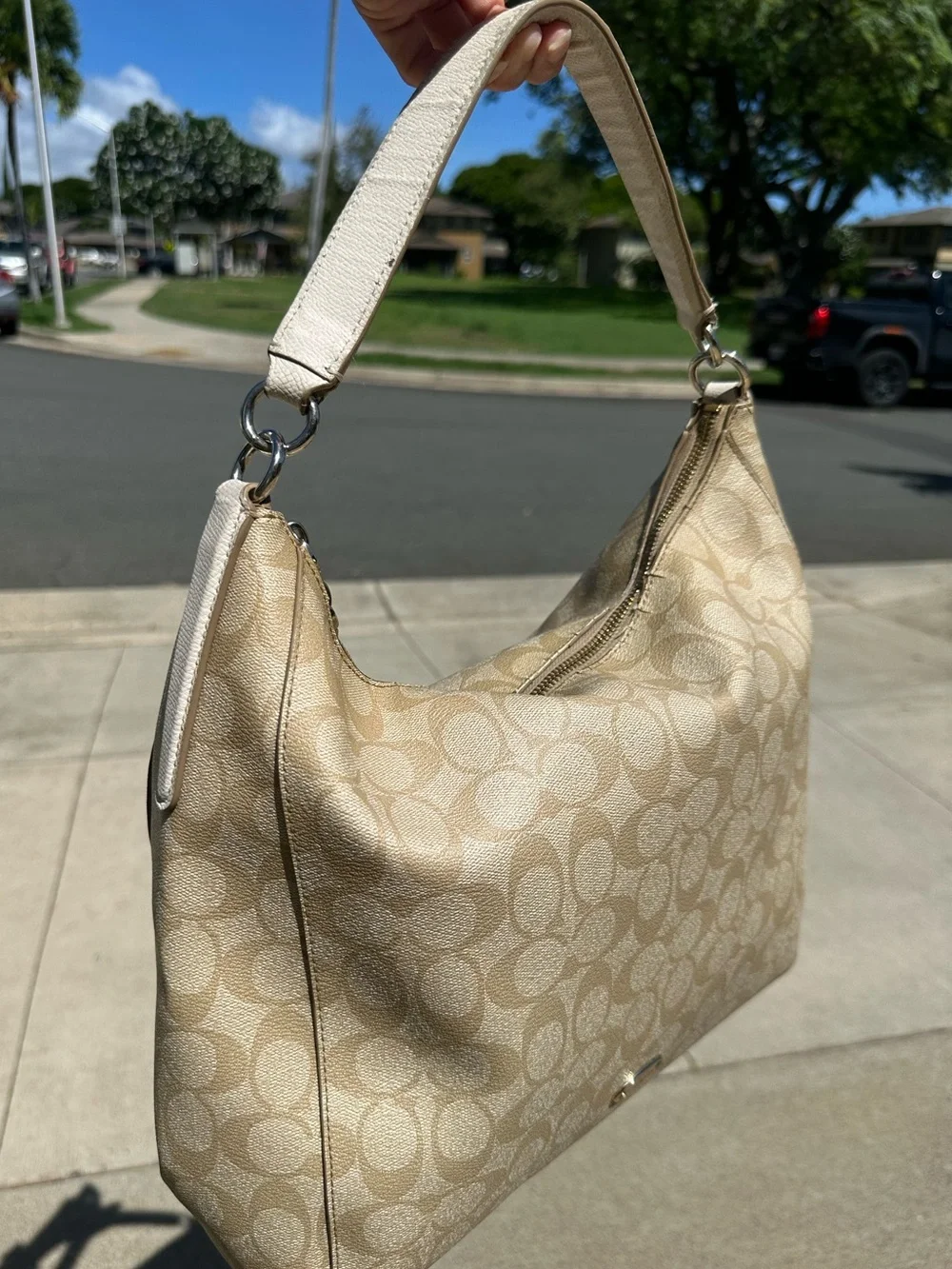 Coach Celeste Signature CC Hobo Shoulder Bag Light Khaki Chalk Circa 2015